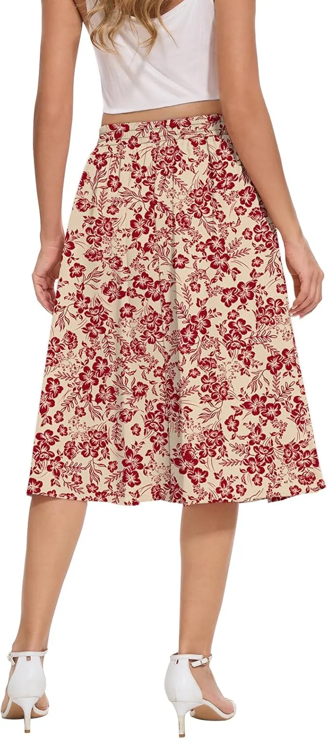 Yincro Women's Flowy Midi Skirt Summer Pleated High Waisted Casual Button Front Skirts with Pockets