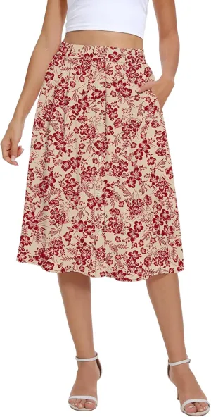 Yincro Women's Flowy Midi Skirt Summer Pleated High Waisted Casual Button Front Skirts with Pockets