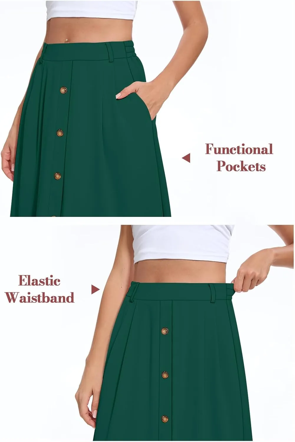 Yincro Women's Flowy Midi Skirt Summer Pleated High Waisted Casual Button Front Skirts with Pockets