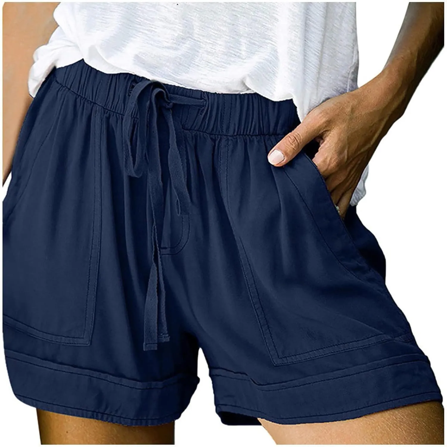 ZDRZK Womens Summer Shorts Plus Size Solid Comfy Drawstring Casual Shorts Elastic Waist Pocket Loose Travel Shorts Pants