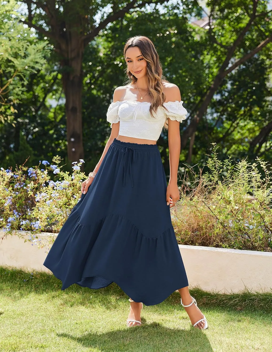 Zeagoo Long Skirts for Women High Waist A Line Skirt Casual Flowy Tiered Skirt with Pockets Summer Floral Boho Skirt