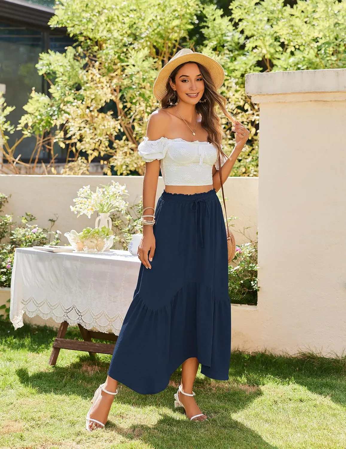Zeagoo Long Skirts for Women High Waist A Line Skirt Casual Flowy Tiered Skirt with Pockets Summer Floral Boho Skirt