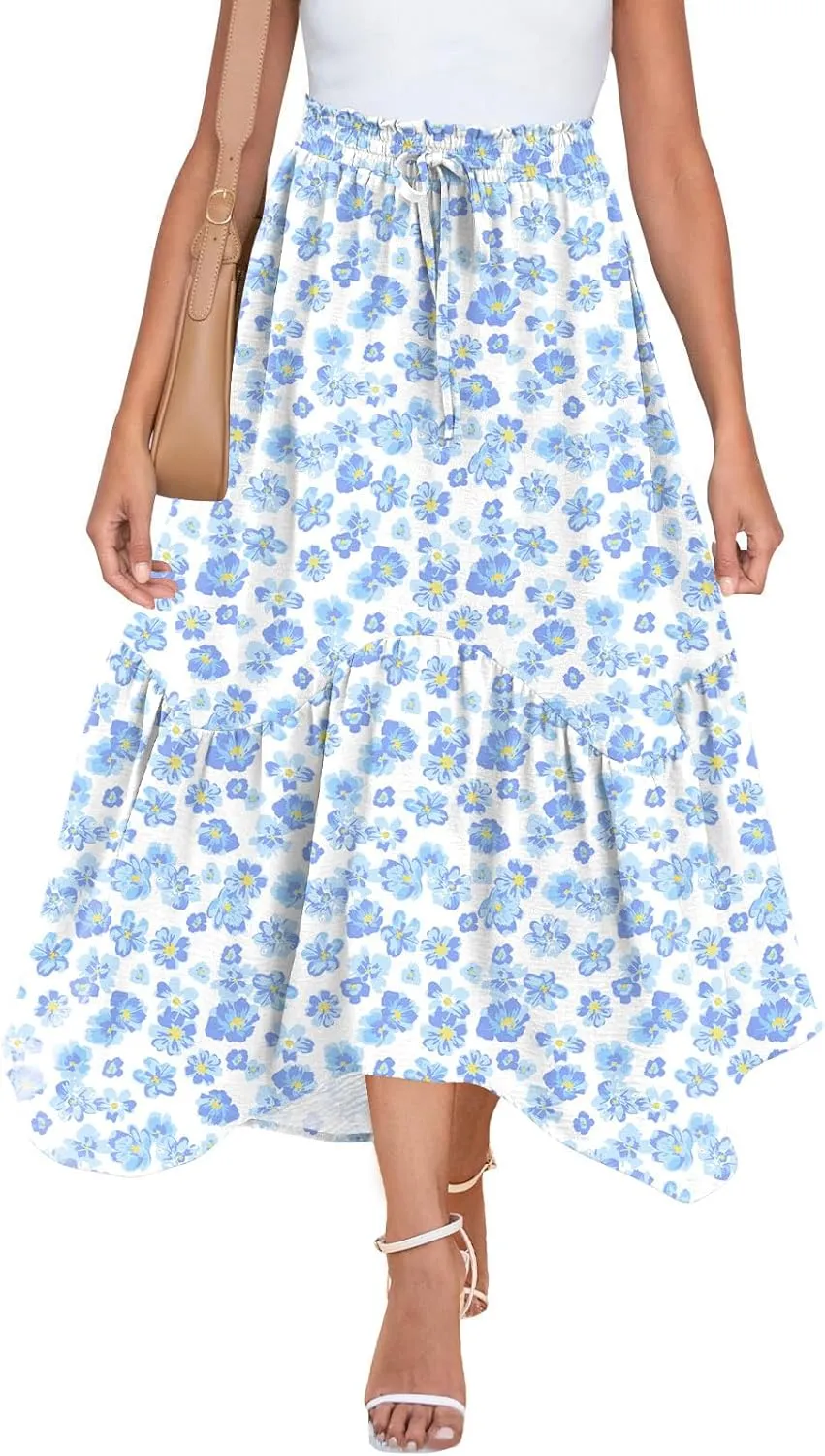 Zeagoo Long Skirts for Women High Waist A Line Skirt Casual Flowy Tiered Skirt with Pockets Summer Floral Boho Skirt
