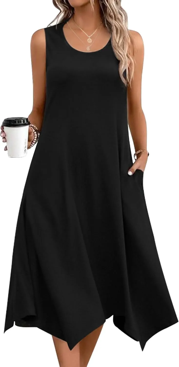 Zeagoo Womens Casual Dress for Summer Tank Dress Loose Flowy Beach Dress with Pockets Hankerchief Flare Midi Sundress 2025