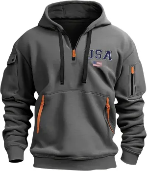 ZYXTIM Half Zip Hoodie for Men USA Printed Tactical Sweatshirt Plus Size Vintage Long Sleeve Trendy Pullover Tops with Pocket